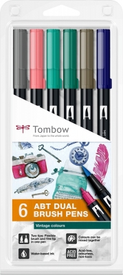 Marker caligrafic 2 in 1, ABT Dual Brush Pen, Vintage Colours, 6 culori/set Tombow