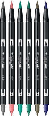 Marker caligrafic 2 in 1, ABT Dual Brush Pen, Vintage Colours, 6 culori/set Tombow