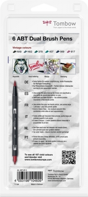 Marker caligrafic 2 in 1, ABT Dual Brush Pen, Vintage Colours, 6 culori/set Tombow
