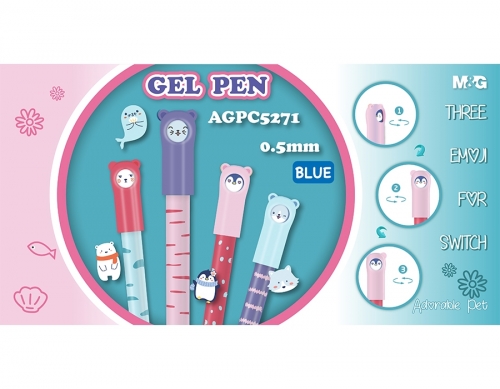Pix cu gel, Adorable pet, capac totem Emoji, albastru, 0.5mm, 36 buc/set, M&G