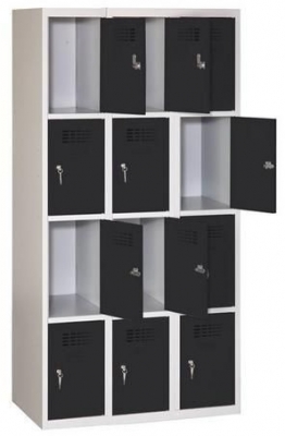 Dulap sudat pentru vestiar Eric usor, 12 compartimente, incuietoare cilindrica, gri/negru