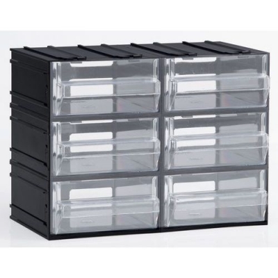 Organizator modular, 6 sertare, negru/transparent