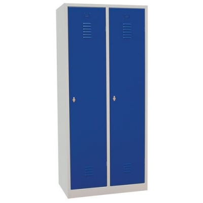 Dulap sudat pentru vestiar cu perete separator Manutan DURO PROFI, 2 compartimente, gri/albastru, inchidere rotativa