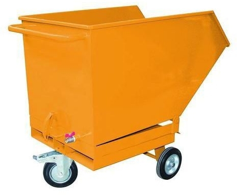 Container mobil basculant cu sita, robinet de evacuare si buzunare pentru stivuitor, volum 250 l, galben