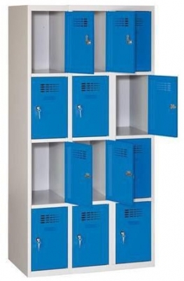 Dulap sudat pentru vestiar Eric usor, 12 compartimente, incuietoare cilindrica, gri/albastru inchis