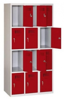 Dulap sudat pentru vestiar Eric usor, 12 compartimente, incuietoare cilindrica, gri/rosu inchis