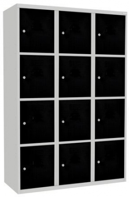 Dulap sudat pentru vestiar West, 12 compartimente, incuietoare cilindrica, gri/negru