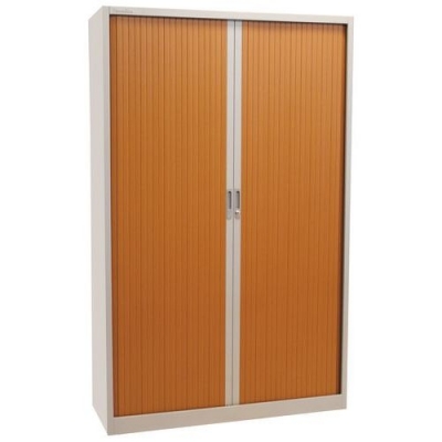 Dulap metalic cu usa tip rulou pentru dosare Manutan, 4 rafturi, 195 x 120 x 45 cm, gri/cires