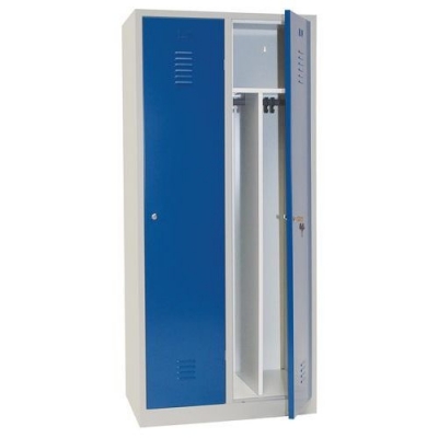 Dulap sudat pentru vestiar cu perete separator Manutan DURO PROFI, 2 compartimente, bej/albastru, incuietoare cilindrica