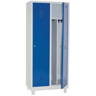 Dulap sudat pentru vestiar cu perete despartitor Manutan DURO PROFI cu picioare, 2 compartimente, gri/albastru, incuietoare cilindrica