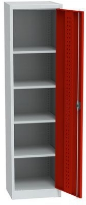 Dulap metalic de atelier, 4 polite, 195 x 50,5 x 50 cm, gri deschis/rosu