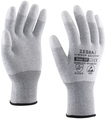 Manusi ESD din poliester din fibra de carbon cu varfurile degetelor imersate in PU, marime: 06, Gri, Rock Safety Zebra-1