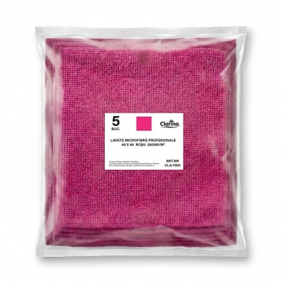 Lavete microfibra Clarina universale, rosii, 40 x 40 cm, 5 bucati/set, 250 gr/m2
