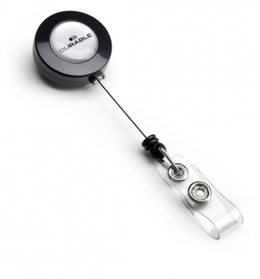 Snur retractabil 80 cm, pentru ecuson, clip metalic, tambur gri/negru, 10 buc/cutie Durable