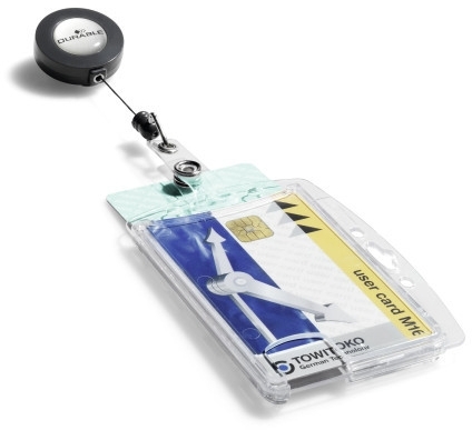 Ecuson dublu transparent cu snur retractabil 54 x 85 mm 10 buc/set Durable