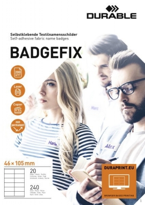 Ecuson matase autoadeziv Badgefix, 46 x 105 mm, nonpermanent, alb, 12 buc/set Durable