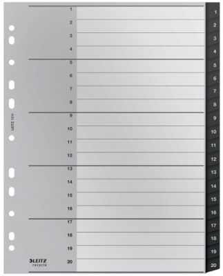 Index Leitz Recycle, PP, partial reciclat, reciclabil, A4 MAXI, 1-20, negru