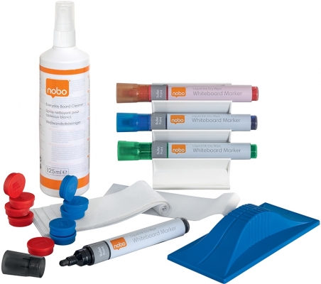 Kit pentru tabla emailata, suport magnetic cu 4 markere, burete magnetic + 5 rezerve, spray curatare 125 ml, cu laveta, 10 magneti NOBO