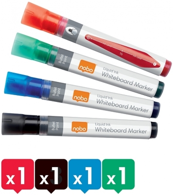 Marker pentru table si flipcharturi, cerneala lichida, varf rotund 3 mm, standard, blister, 4 buc/set, diverse culori NOBO