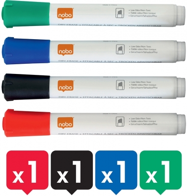 Kit pentru tabla, 4 markere diverse culori, burete magnetic, spray curatare 50 ml NOBO