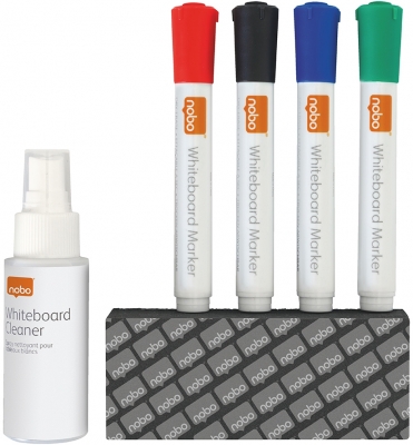 Kit pentru tabla, 4 markere diverse culori, burete magnetic, spray curatare 50 ml NOBO