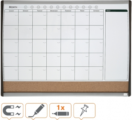 Organizator Combo, lunar, magnetic si pluta, 58.5x43 cm, include marker, burete si magneti, negru NOBO