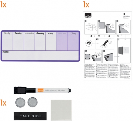 Organizator, saptamanal, magnetic, 14 x 36 cm, include marker si magneti, mov NOBO
