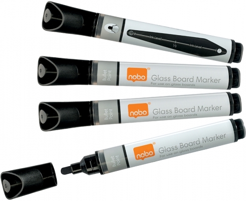Marker pentru table si flipcharturi din sticla, varf rotund 3 mm, standard, 4 buc/cutie, negru NOBO