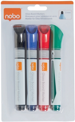 Marker pentru table si flipcharturi din sticla, varf rotund 3 mm, standard, 4 buc/cutie, diverse culori NOBO
