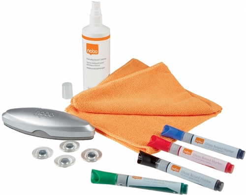 Kit pentru tabla din sticla, 4 markere, burete magnetic, laveta microfibra, spray curatare 250 ml, 4 magneti NOBO