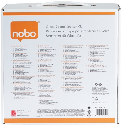 Kit pentru tabla din sticla, 4 markere, burete magnetic, laveta microfibra, spray curatare 250 ml, 4 magneti NOBO