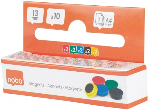 Magneti pentru table, diametru 13 mm, sustin 1 coala, 10 buc/set, diverse culori NOBO