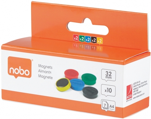 Magneti pentru table, diametru 32 mm, sustin 7 coli, 10 buc/set, diverse culori NOBO