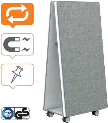 Sistem mobil Move & Meet, 180x90 cm, include 4 table (2 magnetice, 2 textile) cu rame gri, 2 tavite detasabile si kit accesorii, alb-gri NOBO