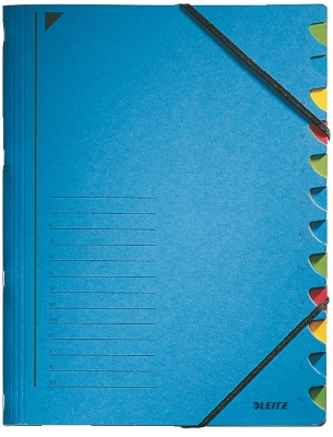 Mapa cu separatoare Fashion, carton, 100% reciclat, certificare Blue Angel, reciclabil, A4, 12 separatoare, albastru, Leitz