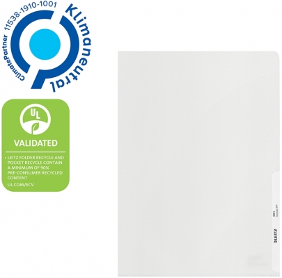 Mapa de protectie Leitz Recycle, deschidere superioara si lateral dreapta, PP, 90% reciclat, reciclabil, A4, 40 coli, 100 buc/cutie