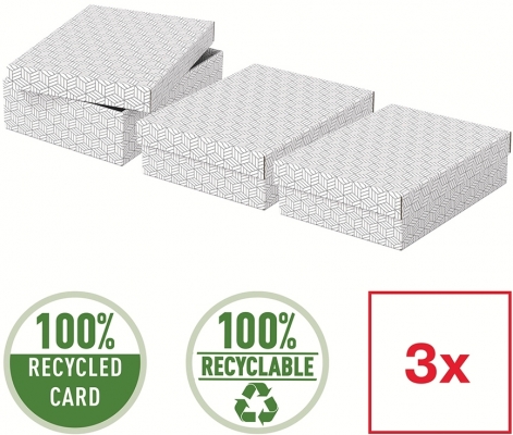 Cutie depozitare  Home Recycled, carton, 100% reciclat, certificare FSC, reciclabil, 36x26x10 cm, cu capac, 3 buc/set, alb, Esselte