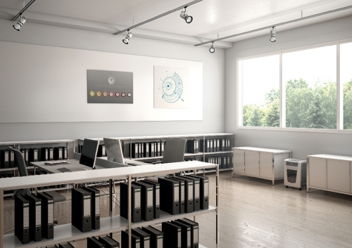 Distrugator documente manual IQ Office Pro, P5+, micro-cut, 7 coli, cos 30 L, alb Leitz 