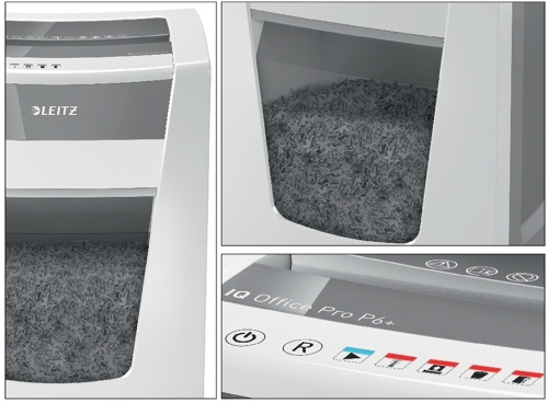 Distrugator documente manual IQ Office Pro, P6+, micro-cut, 5 coli, cos 30 L, alb Leitz 
