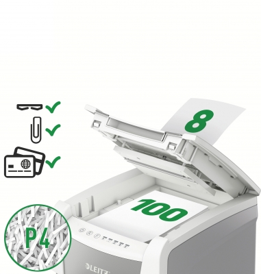 Distrugator documente automat IQ Small Office, P4, cross-cut, 100 coli, cos 34 L, alb-gri Leitz