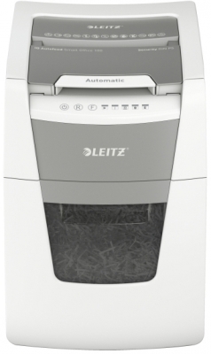 Distrugator documente automat IQ Small Office, P5, micro-cut, 100 coli, cos 34 L, alb-gri Leitz