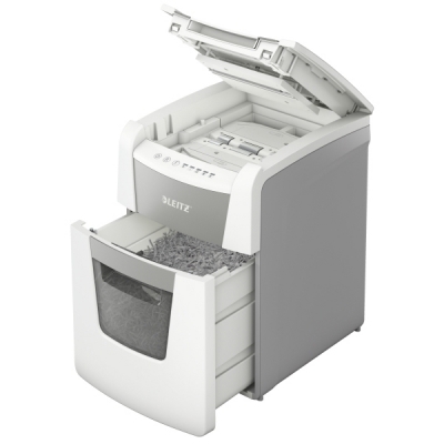 Distrugator documente automat IQ Small Office, P5, micro-cut, 100 coli, cos 34 L, alb-gri Leitz