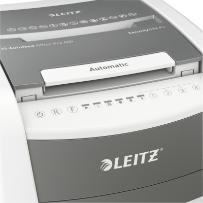 Distrugator documente automat IQ Office, P4, cross-cut, 600 coli, cos 110 L, alb-gri Leitz