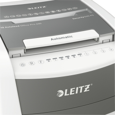 Distrugator documente automat IQ Office, P5, micro-cut, 600 coli, cos 110 L, alb-gri Leitz