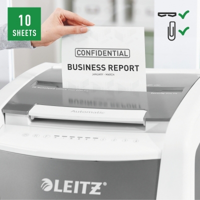 Distrugator documente automat IQ Office, P5, micro-cut, 600 coli, cos 110 L, alb-gri Leitz