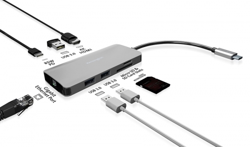 Hub USB, 4 porturi (3 USB-A, 1 USB-C), conexiune USB-C, gri Kensington