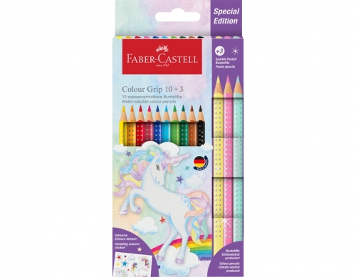 Set promo creioane colorate 10+3, culori grip, unicorni, Faber-Castell