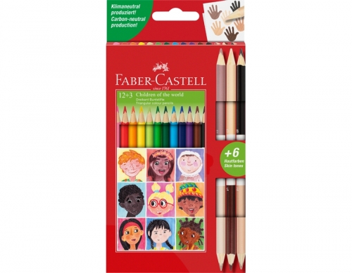 Creioane colorate 12+3, Cr. bicolore piele, Children Of The World, Faber-Castell