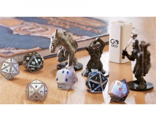 Set 6 carcase zar GoDice RPG, 3 albe + 3 negre, saculet transport/depozitare