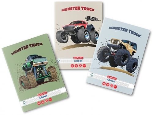 Caiet A5, 48 file, patratele, colturi rotunjite, motiv Monster Truck, diverse modele